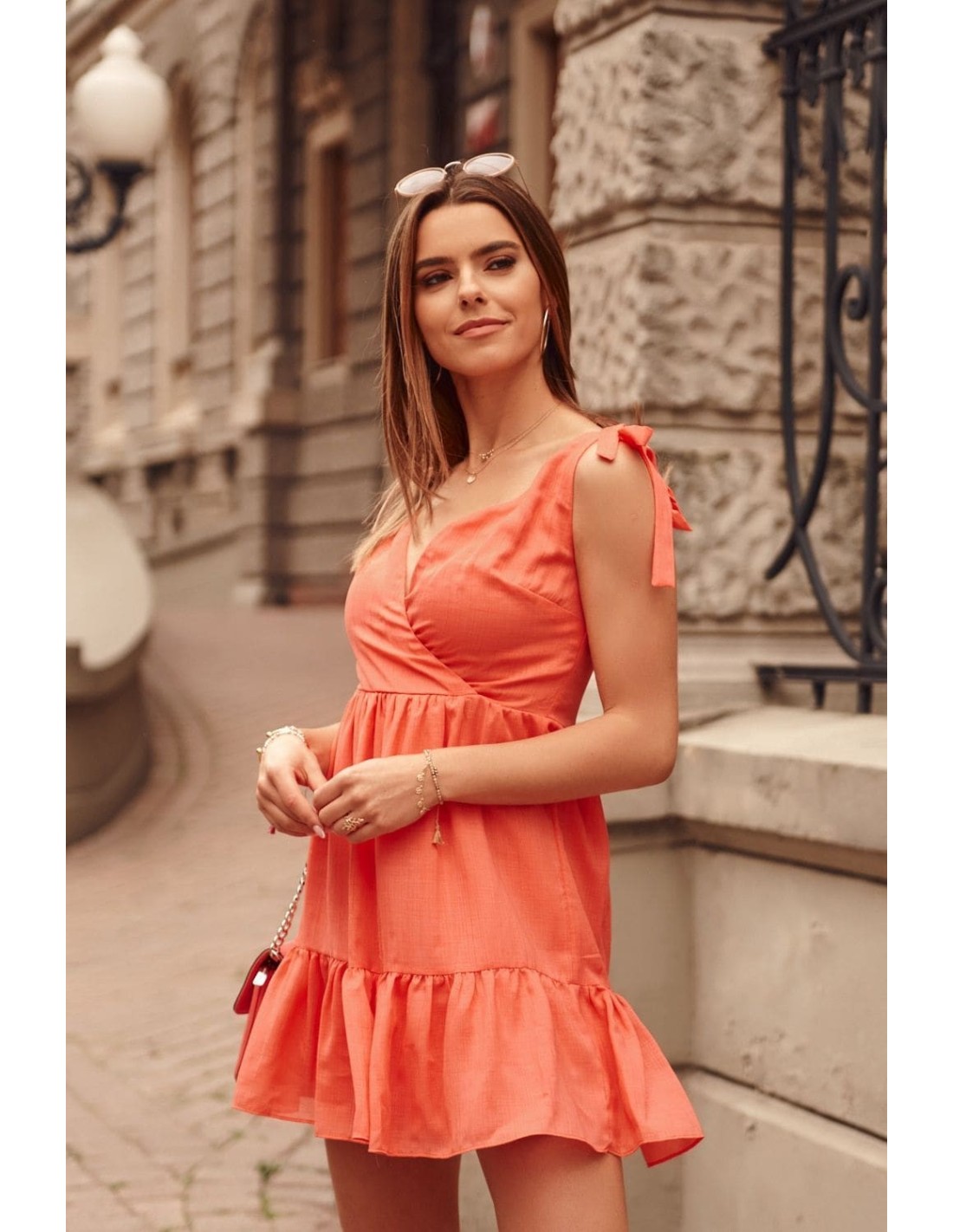 Lovely dress with an envelope neckline, coral, PR3196 - Online store - Boutique